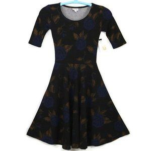 LuLaRoe Nicole Fit & Flare‎ A-Line Dress Black Blue Yellow Roses Floral XS